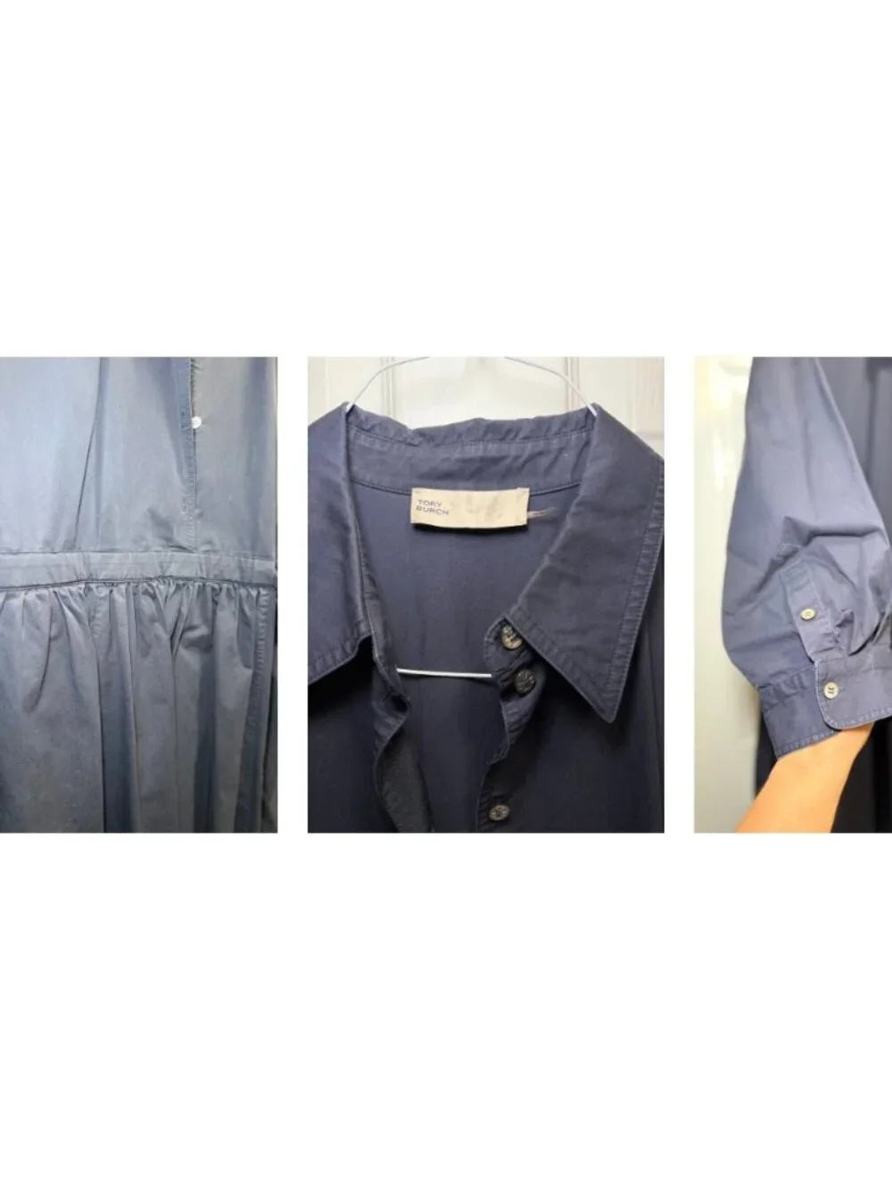 Tory Burch Navy Blue Gathered Waist Shirtdress Large